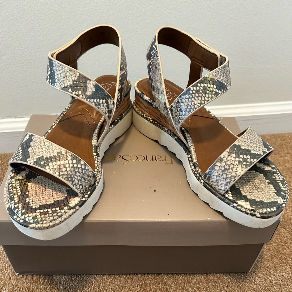 Franco Sarto Gray Snakeskin Sandals with Ankle Strap